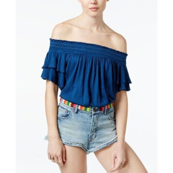 FREE PEOPLE Blue Santorini Off Shoulder Top LARGE Ruffle Drape Boho Festival NWT - Picture 1 of 7